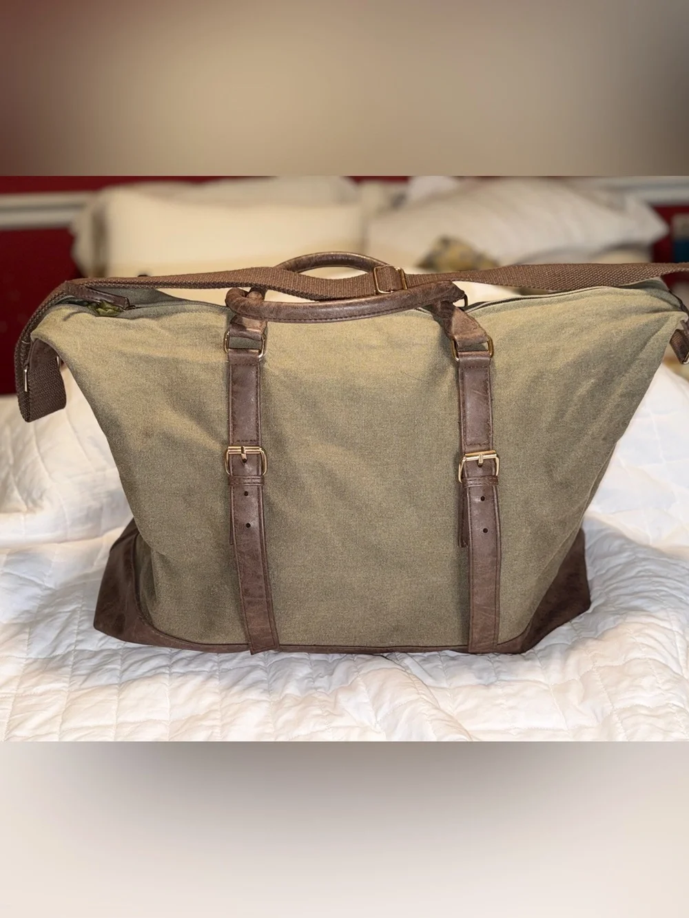 Canvas Weekender Duffel Travel Bag Olive Green Brown